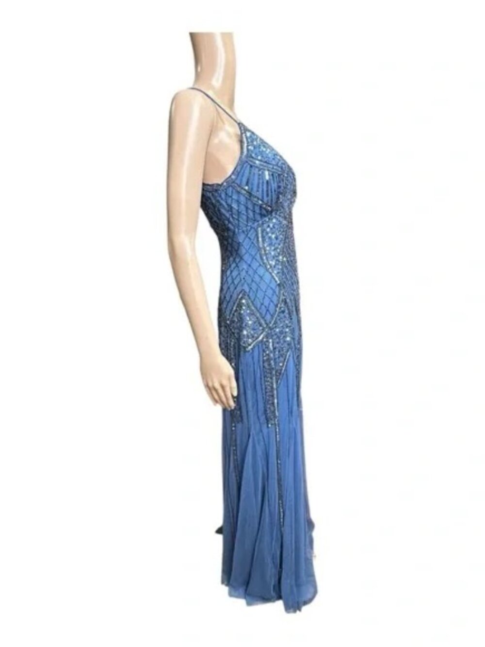 Jump Apparel Blue Beaded Dazzling Sequin Spaghetti Strap Gown Women’s Size 9/10 - Picture 6 of 13